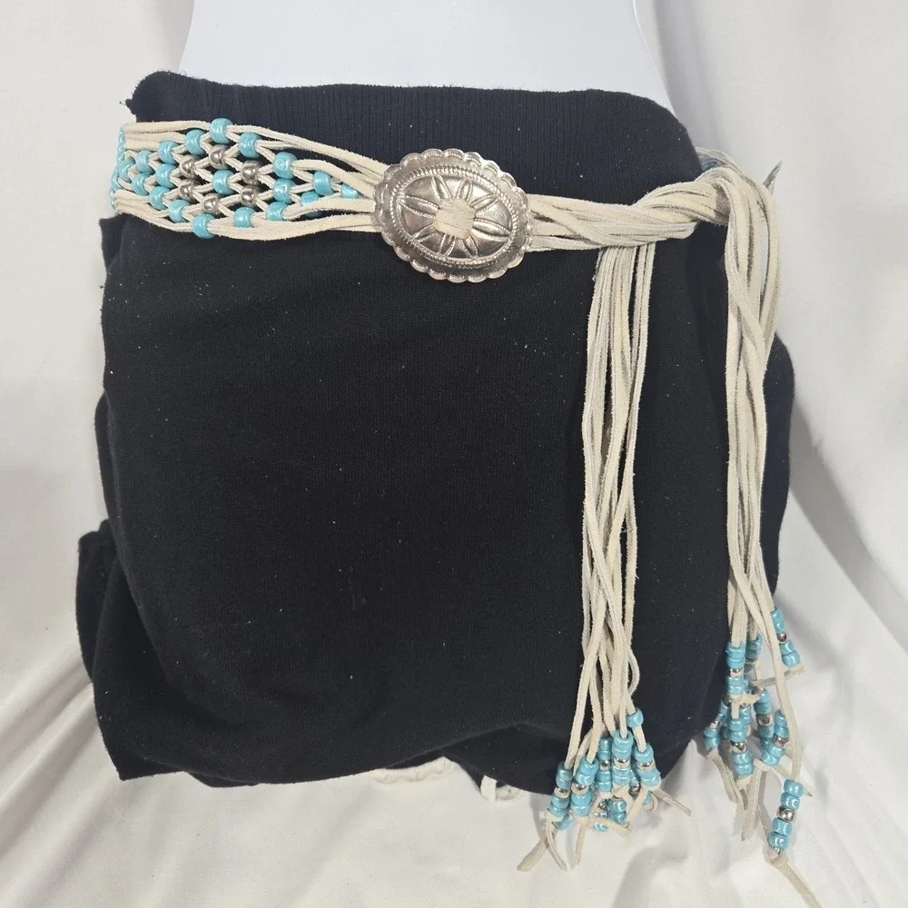 Southwestern Suede Tie Belt Turquoise Color Bead Silver Tone Concho Fringe Boho